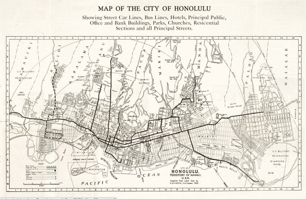 Honolulu map showing Streetcar and Bus Lines